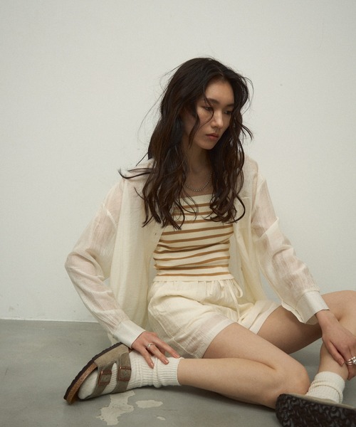 Lutim by u（ルチバイユー）の「【3Piece Set】 Striped Knit Crepe Shirt Setup / 【3点セット】涼感ラッシュガードセットアップ（シャツ/ブラウス・レディース・ナチュラル/オリーブ/ホワイト/ピンク・FREE）」の14枚目の写真