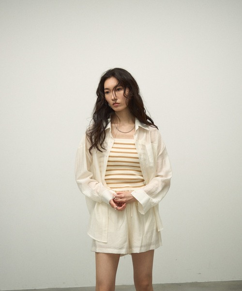 Lutim by u（ルチバイユー）の「【3Piece Set】 Striped Knit Crepe Shirt Setup / 【3点セット】涼感ラッシュガードセットアップ（シャツ/ブラウス・レディース・ナチュラル/オリーブ/ホワイト/ピンク・FREE）」の6枚目の写真