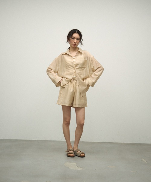 セール】【3Piece Set】 Striped Knit Crepe Shirt Setup / 【3