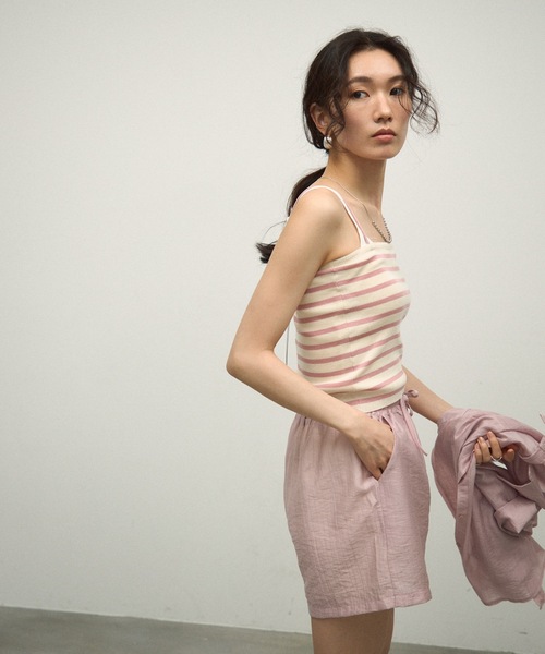 ブラウス シャツ 「3Piece Set」 Striped Knit Crepe Shirt Setup / 「3点セット」涼感ラッシュガードセットア セール】【3Piece Set】 Striped Knit Crepe Shirt Setup / 【3