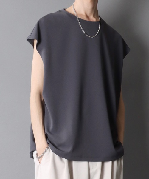 SITRY（シトリー）の「Amunzen Big Silhouette No Sleeve Shirt/UVカット 梨地 ビッグシルエット ノースリーブシャツ タンクトップ（タンクトップ・メンズ・グレイッシュブルー/ダークグリーン/ベージュ/チャコール/オフホワイト/ブラック・L/M/LL）」の3枚目の写真