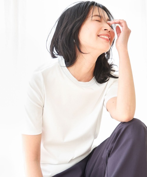 セール】ラメ入りネックデザインTシャツ/接触冷感/洗える（T