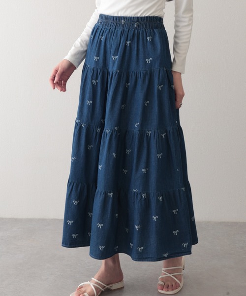 新品 ネイビー ティアード ロング スカート レース 紺 ボタン