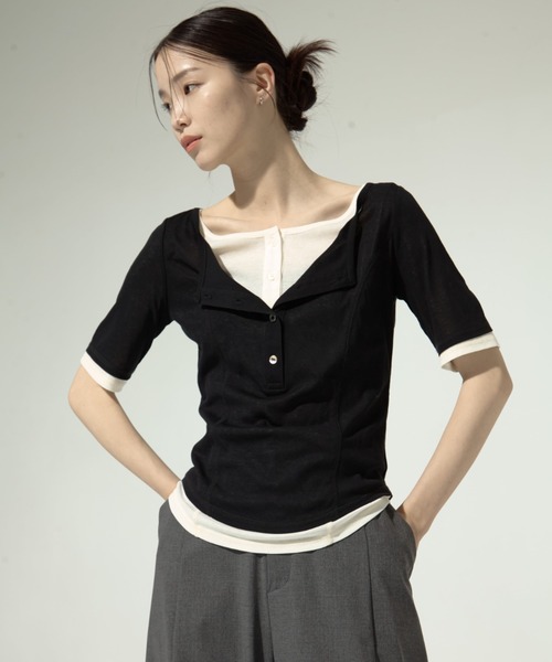 STUDIOUS（ステュディオス）の「【STUDIOUS/ステュディオス】2Pac Henry Neck Tee/2ピースヘンリーネックTシャツ（Tシャツ/カットソー・レディース・ベージュ/ブラック/ブルー・FREE）」の2枚目の写真