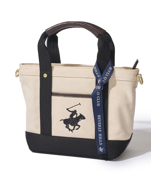 BEVERLY HILLS POLO CLUB(ビバリーヒルズポロクラブ)の「【Beverly Hills Polo Club/ビバリーヒルズポロクラブ】ポニー刺繍キャンバストートバッグXS(ショルダーストラップ付)(トートバッグ・レディース・ホワイト系1/グレー/ブラック/ホワイト系2・FREE)」の1枚目の写真