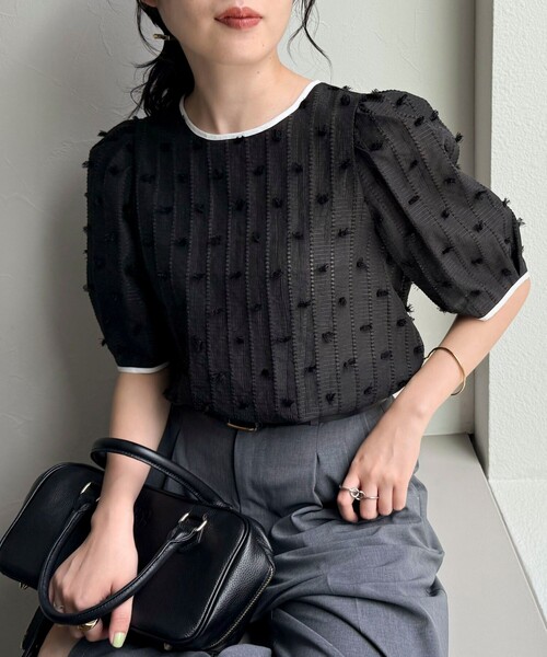 fredy emue（フレディエミュ）の「シアージャガードパイピング半袖ブラウス（シャツ/ブラウス・レディース・イエロー/オフホワイト/ブラック・38）」の3枚目の写真