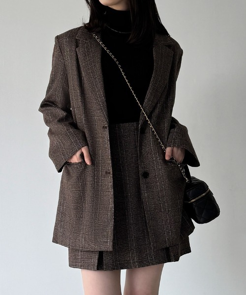 グレンチェックオーバーサイズジャケット＋フレアミニスカート