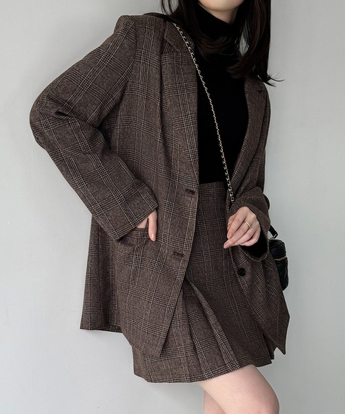 JUNOAH（ジュノア）の「グレンチェックオーバーサイズジャケット＋フレアミニスカート(インパン付き)set（セットアップ・レディース・ブラウン/グレー・SMALL/MEDIUM/LARGE）」の7枚目の写真