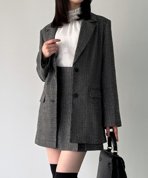 セール】グレンチェックオーバーサイズジャケット＋フレアミニスカート
