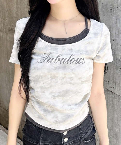 INGNI（イング）の「ムラ染めサイドギャザーロゴレイヤードトップス（Tシャツ/カットソー・レディース・ホワイト系7/ブラック×ホワイト/その他12/ブラウン系3・M）」の2枚目の写真