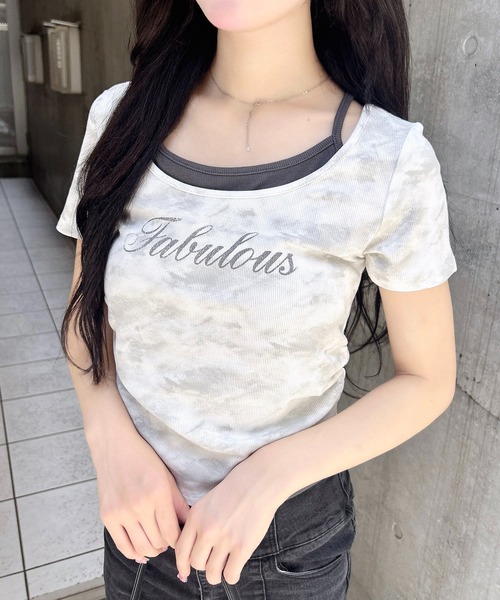 INGNI（イング）の「ムラ染めサイドギャザーロゴレイヤードトップス（Tシャツ/カットソー・レディース・ホワイト系7/ブラック×ホワイト/その他12/ブラウン系3・M）」の6枚目の写真