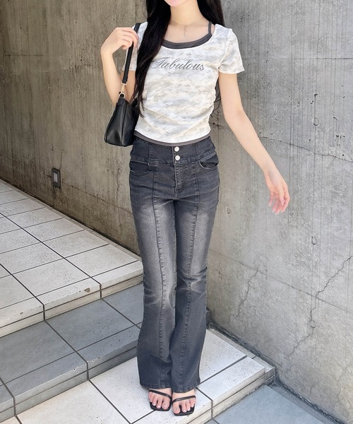 INGNI（イング）の「ムラ染めサイドギャザーロゴレイヤードトップス（Tシャツ/カットソー・レディース・ホワイト系7/ブラック×ホワイト/その他12/ブラウン系3・M）」の9枚目の写真