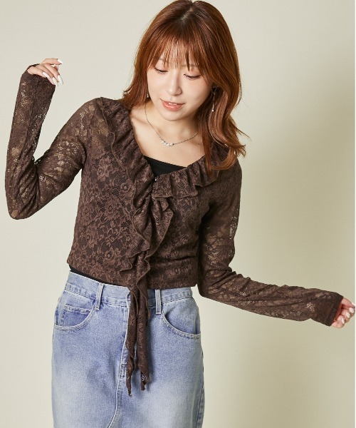 セール】《レース×フリル前結び》レディース カーディガン シアー
