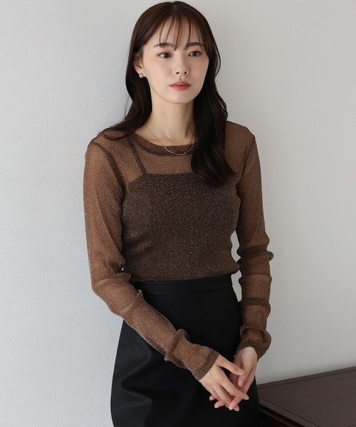 BLUEEAST(ブルーイースト)の「ラメチュールトップス(Tシャツ/カットソー・レディース・チャコールグレー/ブラック/アイボリー/ブラウン・MEDIUM)」の13枚目の写真