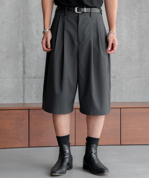 20SS ダブルファブリックショーツ Two tuck wide stripe shorts / ツータックワイドストライプ