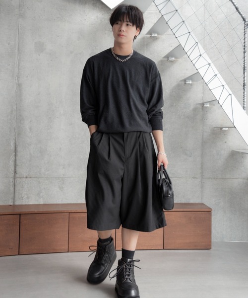 20SS ダブルファブリックショーツ Two tuck wide stripe shorts / ツータックワイドストライプ