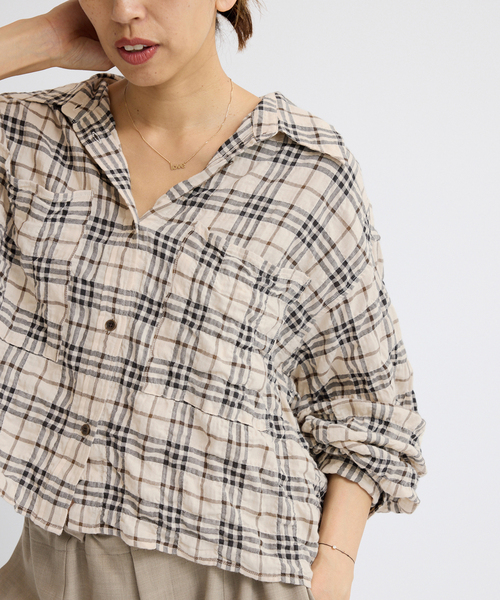 シャーリングチェックショートシャツ（シャツ/ブラウス）｜IENA