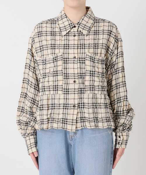 シャーリングチェックショートシャツ人気！完売‼️ シャーリングチェックショートシャツ（シャツ/ブラウス）｜IENA