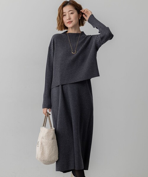 23区 L(ニジュウサンクオオキイサイズ)の「【洗える】レイヤードニットツイン ワンピース(ワンピース・レディース・ブラウン系/ネイビー系/グレー系・46/44)」の1枚目の写真