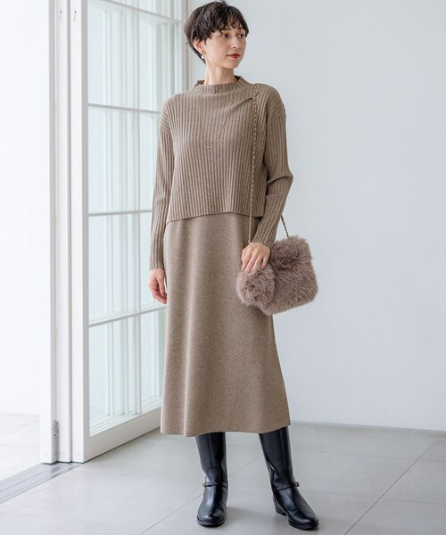 23区 L(ニジュウサンクオオキイサイズ)の「【洗える】レイヤードニットツイン ワンピース(ワンピース・レディース・ブラウン系/ネイビー系/グレー系・46/44)」の7枚目の写真
