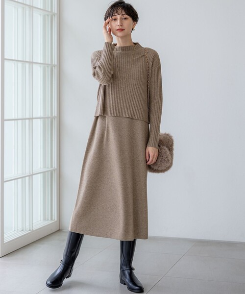 23区 L(ニジュウサンクオオキイサイズ)の「【洗える】レイヤードニットツイン ワンピース(ワンピース・レディース・ブラウン系/ネイビー系/グレー系・46/44)」の8枚目の写真