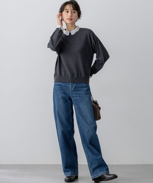 23区 L(ニジュウサンクオオキイサイズ)の「【洗える】エンブロイダリー フラワーレースコンビ ニット(ニット/セーター・レディース・グレー系/ネイビー系/ブラック系・44/46/48)」の12枚目の写真