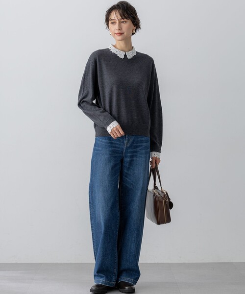 23区 L(ニジュウサンクオオキイサイズ)の「【洗える】エンブロイダリー フラワーレースコンビ ニット(ニット/セーター・レディース・グレー系/ネイビー系/ブラック系・44/46/48)」の13枚目の写真