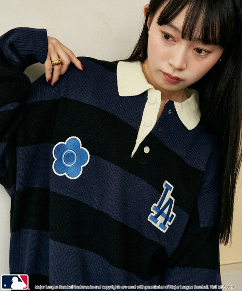 MLB（メジャーリーグベースボール）の「MLB × MARY QUANT × PUBLUX/エムエルビー × マリークワント MLB×MARY QUANT KNIT RUGBY SHIRT/ニットラグビーシャツ(限定展開)（ニット/セーター・メンズ・ブラウン/ベージュ/ネイビー・SMALL/LARGE/MEDIUM）」の10枚目の写真