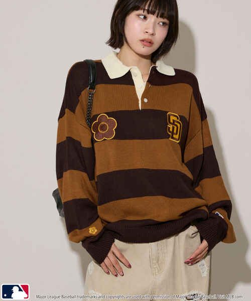 MLB（メジャーリーグベースボール）の「MLB × MARY QUANT × PUBLUX/エムエルビー × マリークワント MLB×MARY QUANT KNIT RUGBY SHIRT/ニットラグビーシャツ(限定展開)（ニット/セーター・メンズ・ブラウン/ベージュ/ネイビー・SMALL/LARGE/MEDIUM）」の20枚目の写真