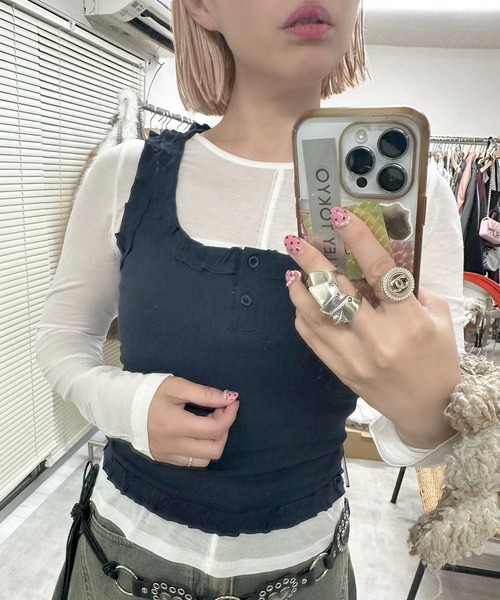 Alley Tokyo(アリートーキョー)の「フリフリタンクとシアーロンTの便利な2枚セット(Tシャツ/カットソー・レディース・ネイビー/チャコール/アイボリー・FREE)」の18枚目の写真