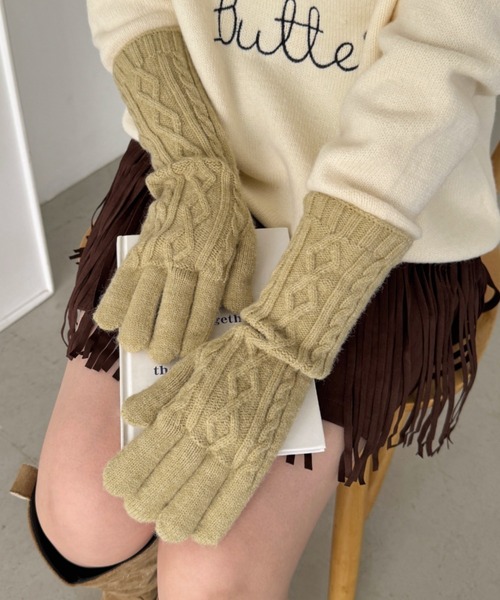 セール】【スマホ対応】ケーブル編みロンググローブ（手袋）｜SOLLON