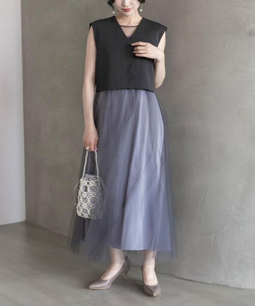 URBAN RESEARCH ROSSO WOMEN（アーバンリサーチ　ロッソ）の「ベストセットチュールドレス（ワンピース・レディース・グレー/ブラック・FREE）」の4枚目の写真