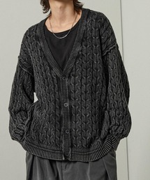 【Alfred Alex】ヴィンテージ加工 ピグメント ワンポイントロゴ刺繍 オーバーサイズ ケーブルニットカーディガン