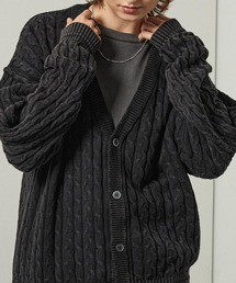 Alfred Alex(アルフレッドアレックス)の【Alfred Alex】ヴィンテージ加工 ピグメント ワンポイントロゴ刺繍 オーバーサイズ ケーブルニットカーディガン(カーディガン/ボレロ)