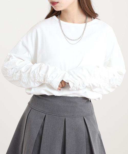 Arinomama(アリノママ)の「Arinomama シャーリングスリーブロンT ピグメント加工(Tシャツ/カットソー・レディース・ブラック/カーキ/ネイビー/オフホワイト・FREE)」の2枚目の写真