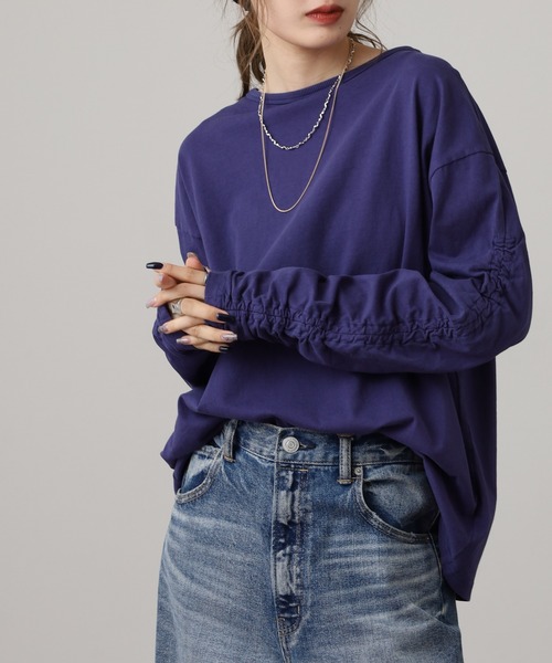 Arinomama(アリノママ)の「Arinomama シャーリングスリーブロンT ピグメント加工(Tシャツ/カットソー・レディース・ブラック/カーキ/ネイビー/オフホワイト・FREE)」の5枚目の写真