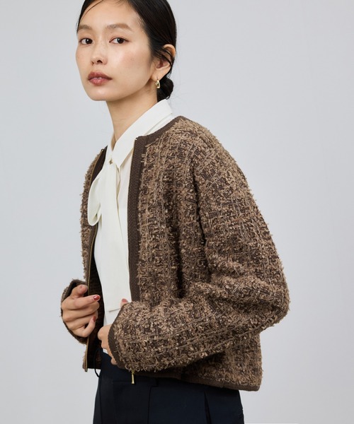 ツイードZIPノーカラーカーディガン/イージーケア（カーディガン