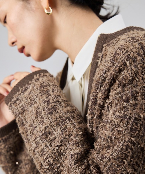 ROPE'（ロペ）の「ツイードZIPノーカラーカーディガン/イージーケア（カーディガン/ボレロ・レディース・キナリ/ブラウン・FREE）」の7枚目の写真
