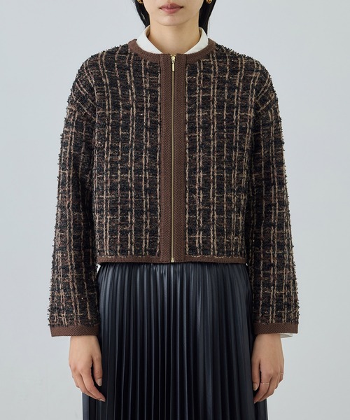 ツイードZIPノーカラーカーディガン/イージーケア（カーディガン