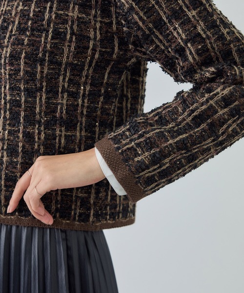 セール】ツイードZIPノーカラーカーディガン/イージーケア