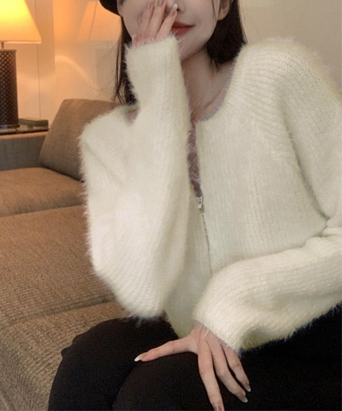 Miniministore(ミニミニストア)の「ダブルジップ シャギーニット ショート丈(ニット/セーター・レディース・ピンク/ミント/ブラック/アイボリー・FREE)」の20枚目の写真