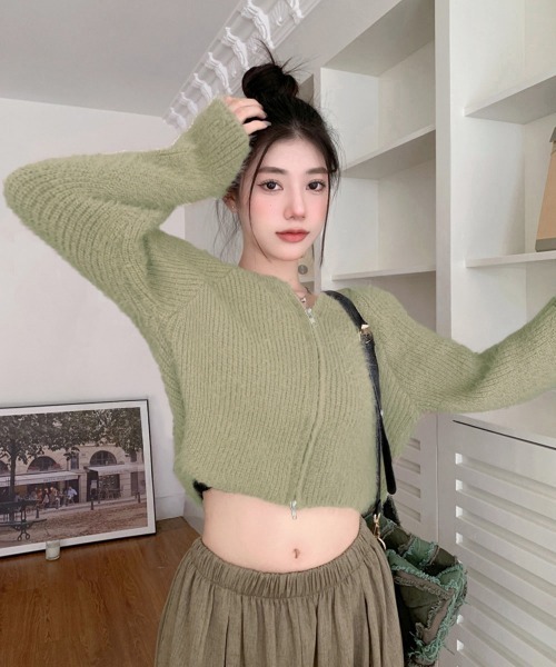 Miniministore(ミニミニストア)の「ダブルジップ シャギーニット ショート丈(ニット/セーター・レディース・ピンク/ミント/ブラック/アイボリー・FREE)」の14枚目の写真