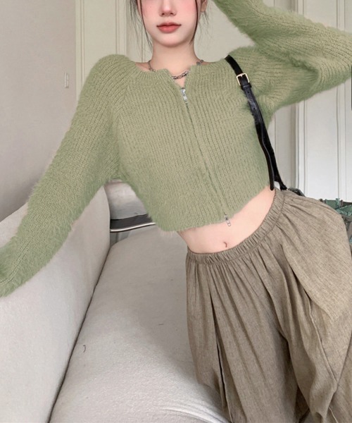 Miniministore(ミニミニストア)の「ダブルジップ シャギーニット ショート丈(ニット/セーター・レディース・ピンク/ミント/ブラック/アイボリー・FREE)」の15枚目の写真
