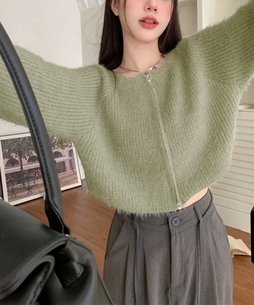 Miniministore(ミニミニストア)の「ダブルジップ シャギーニット ショート丈(ニット/セーター・レディース・ピンク/ミント/ブラック/アイボリー・FREE)」の16枚目の写真