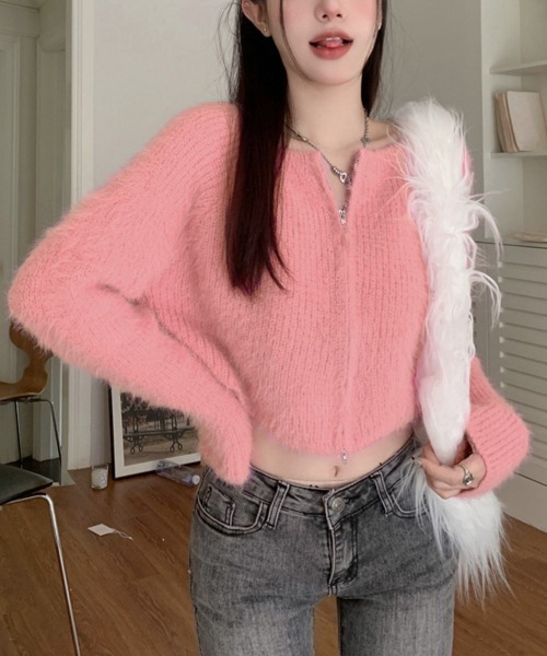 セール】ダブルジップ シャギーニット ショート丈（ニット/セーター