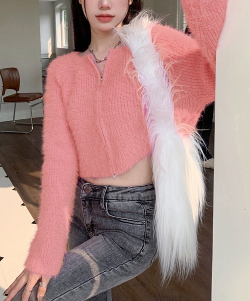 Miniministore(ミニミニストア)の「ダブルジップ シャギーニット ショート丈(ニット/セーター・レディース・ピンク/ミント/ブラック/アイボリー・FREE)」の9枚目の写真