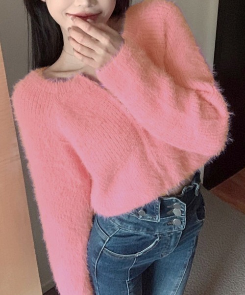 セール】ダブルジップ シャギーニット ショート丈（ニット/セーター