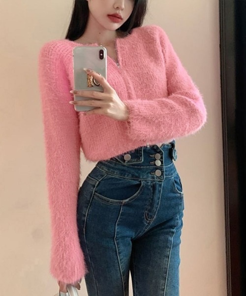 Miniministore(ミニミニストア)の「ダブルジップ シャギーニット ショート丈(ニット/セーター・レディース・ピンク/ミント/ブラック/アイボリー・FREE)」の11枚目の写真