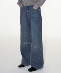 PLACE STUDIO | 切り替えラインリベットポイントワイドウォッシュドデニムパンツ[中青](デニムパンツ)