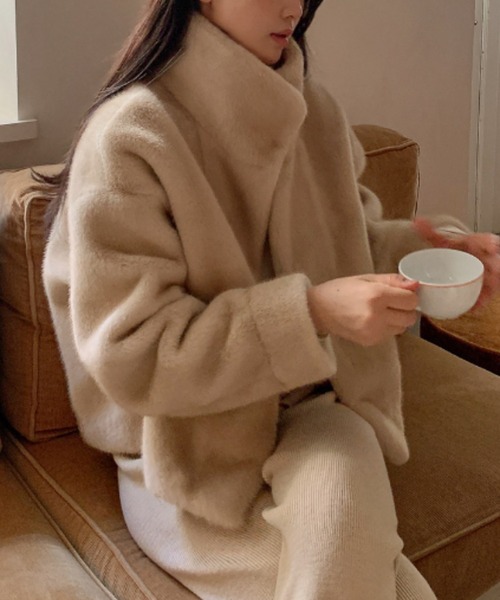 emi+（エミプラス）の「ショート丈スタンドカラーﾌｧ‐ブルゾン（ブルゾン・レディース・ブラック/ベージュ・FREE）」の7枚目の写真